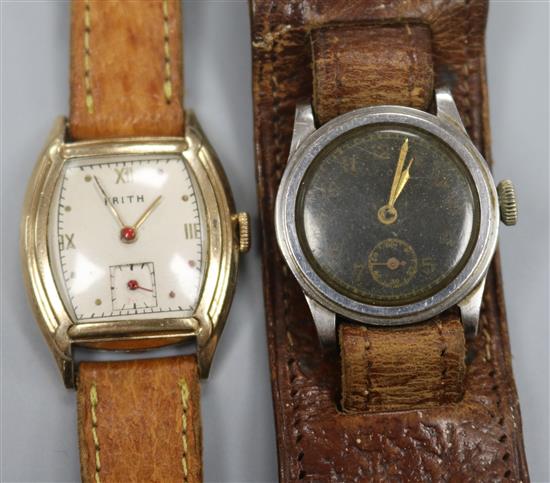 A stylish gold plated and steel Frith tonneau shaped manual wind wrist watch and an earlier black dial wrist watch.